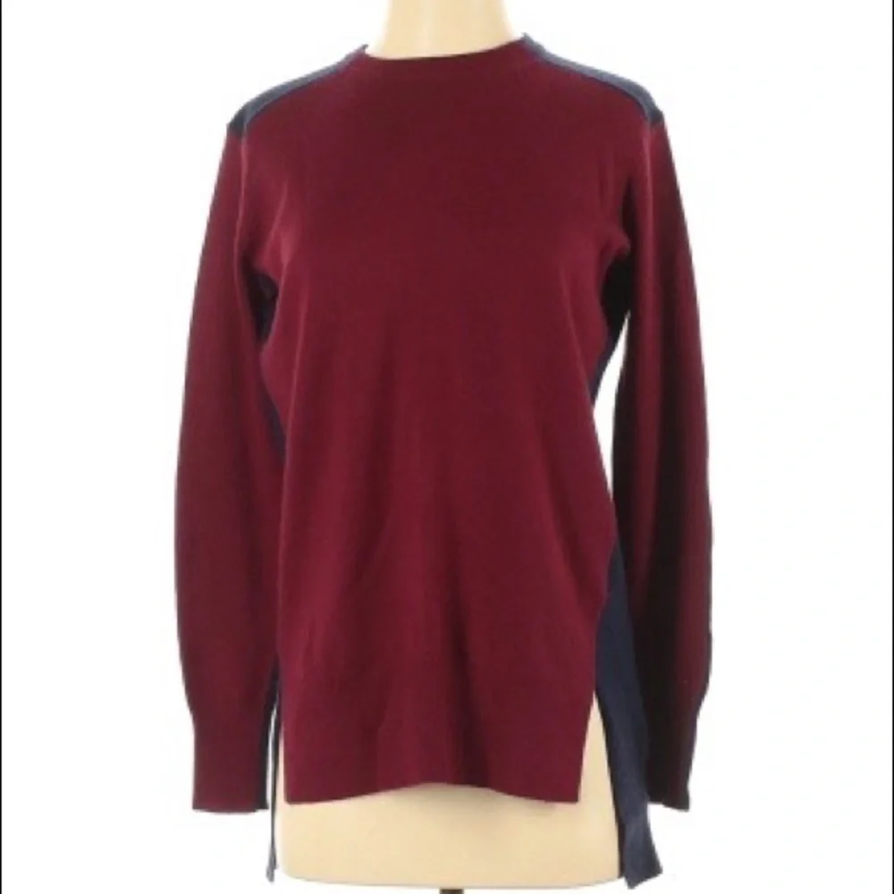 ✅ J. Crew Hi Low Color block Maroon Blue Wool Sweater Sz XXS